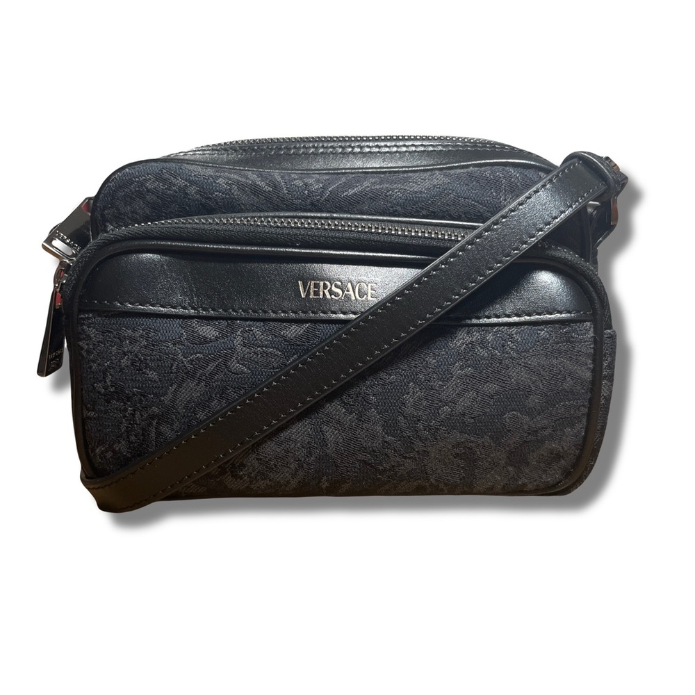 NWT Versace Black Barocco Baroque Jacquard Leather Crossbody Messenger Bag Italy